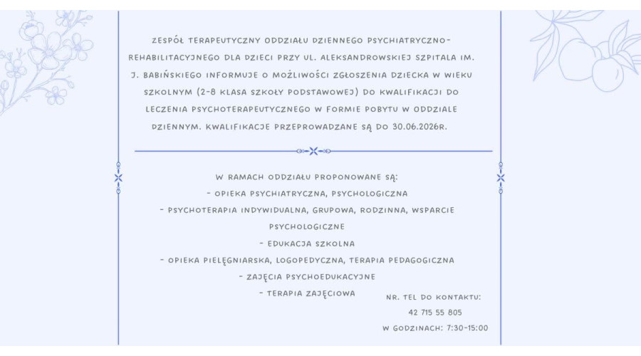 Kwalifikacje do leczenia psychoterapeutycznego w formie pobytu w Oddziale Dziennym Ł&oacute;dź