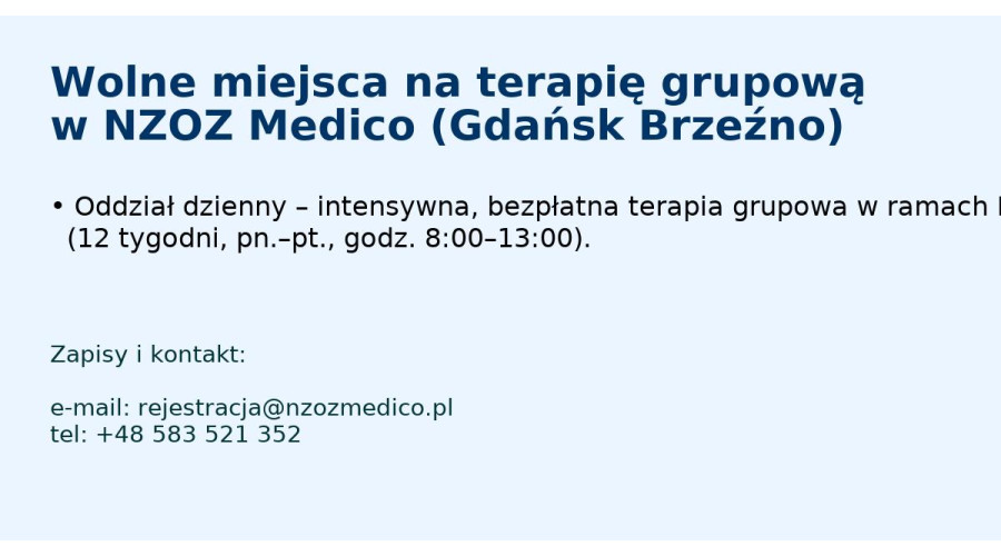 Bezpłatna terapia grupowa NFZ Oddział dzienny w Gdańsku