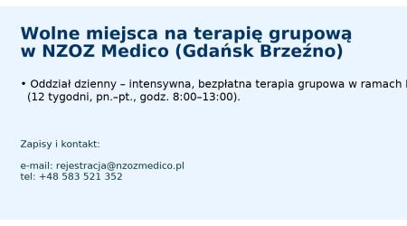 Bezpłatna terapia grupowa NFZ Oddział dzienny w Gdańsku